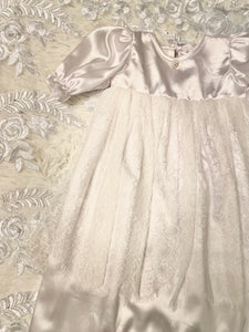 Baptismal Gown with long sleeve, lace overlay and pearl rhinestone detail// onesize